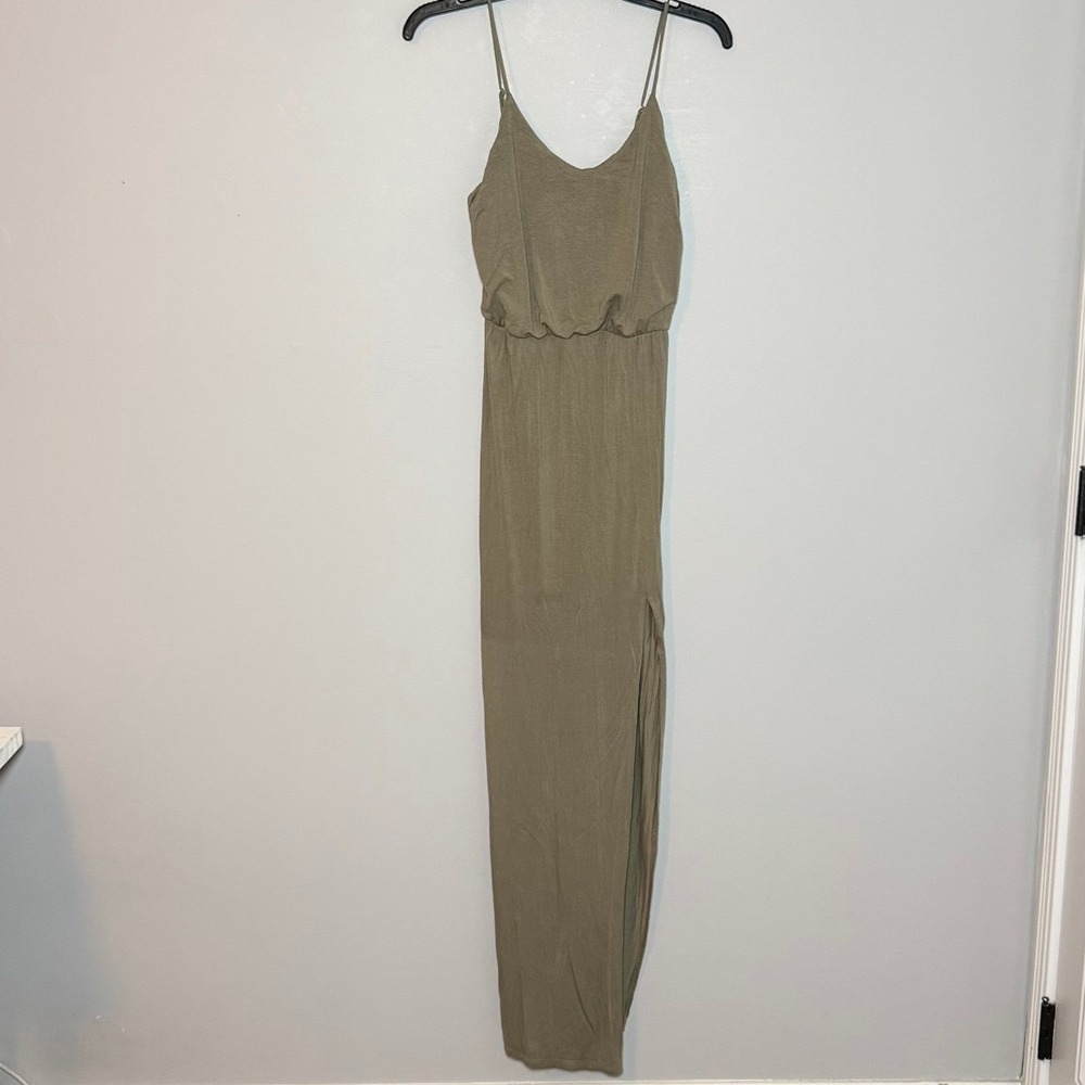 Lulus Watch the Sunset Olive Green V-Neck Maxi Side Slit Adjustable Straps S